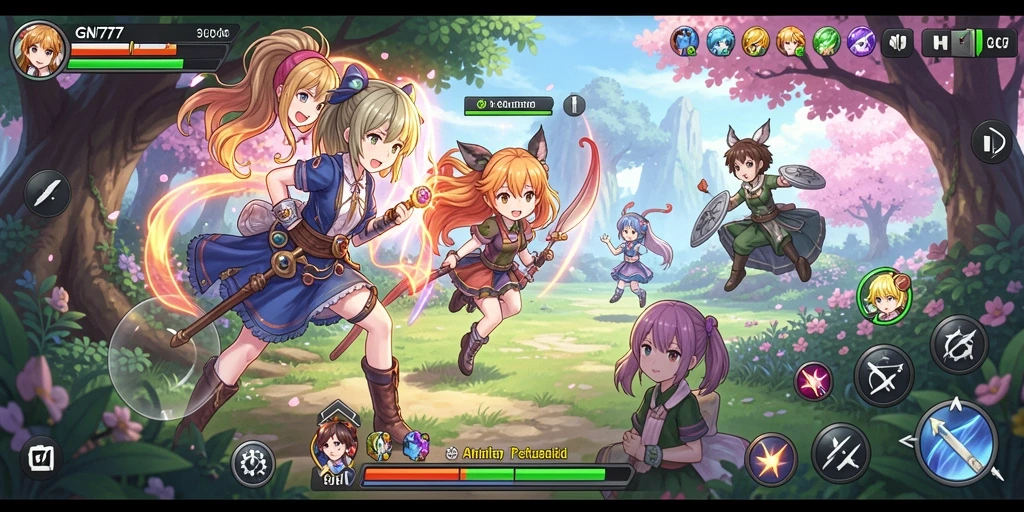 Screenshot utama GN777 menunjukkan karakter anime dalam pertempuran epik.