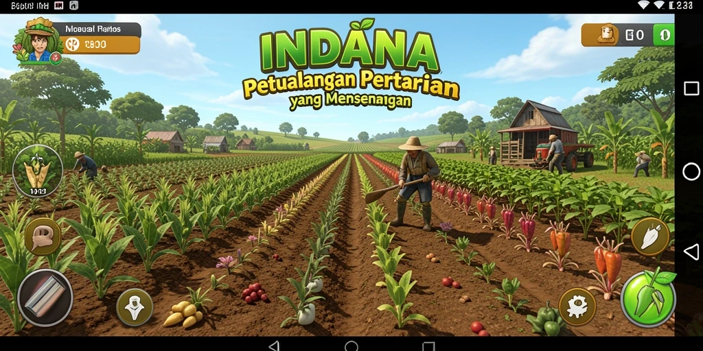Tampilan gameplay INDAAA yang menampilkan ladang luas dan berbagai aktivitas bertani.