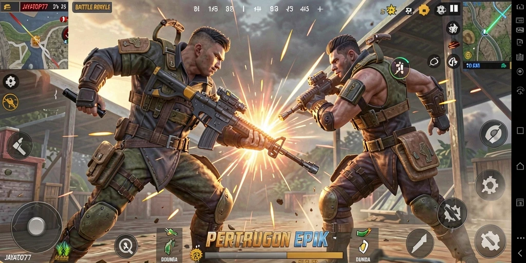 Screenshot gameplay JAYATOP77 menampilkan pertarungan intens di medan perang.