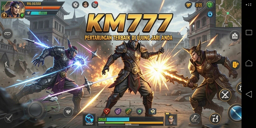 Screenshot gameplay KM777 menampilkan pertarungan seru dengan karakter unik.