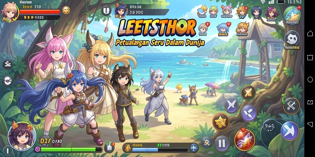 Tampilan gameplay LETSTHOR dengan karakter anime yang menarik.