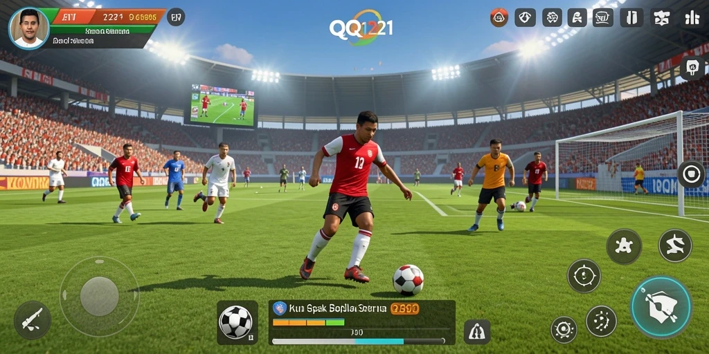 Tampilan gameplay <strong>QQ1221</strong> yang mendebarkan dengan aksi sepak bola seru.